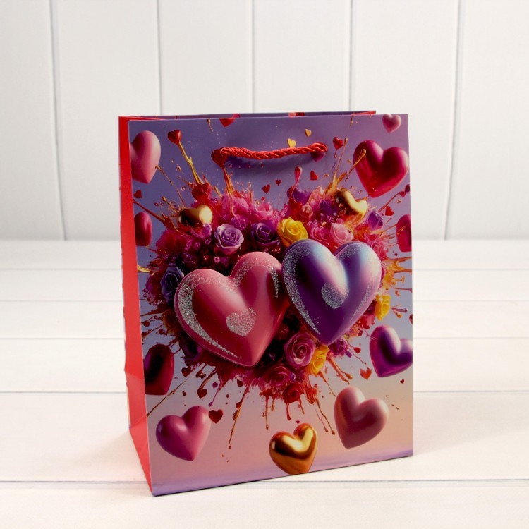 000112E Пакет подарочный с 3D аппликацией "Сердца" (микс 112) 18*23*10 210г 1/20 1/360