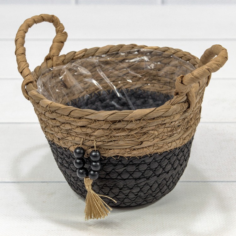 420125/8 Корзина плетёная Круглая 15*12 (±5%) из камыша и бумаги с ручками Натуральный/Чёрный 1/96