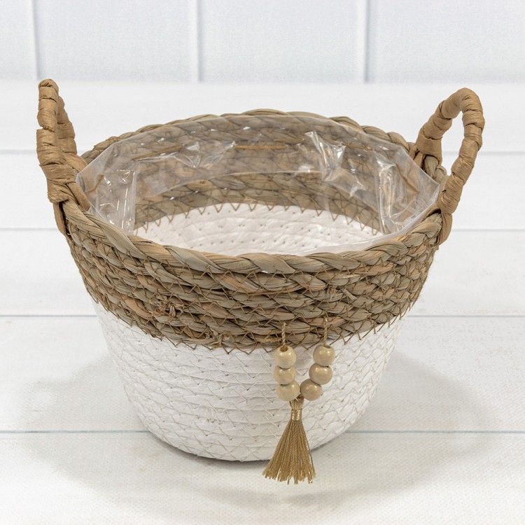 420126/1 Корзина плетёная Круглая 18*13 (±5%) из камыша и бумаги с ручками Натуральный/Белый 1/96