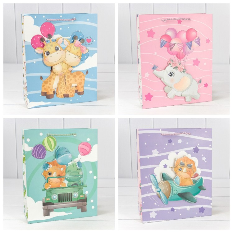 000328C Пакет подарочный с 3D аппликацией "Детский" (микс 328) 26*32*10 210г 1/20 1/240