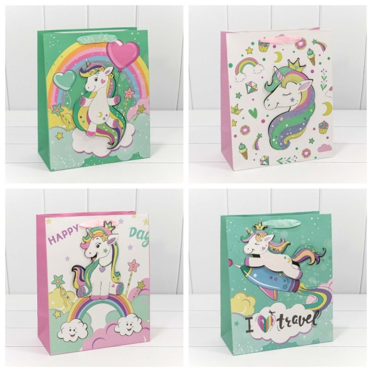 000303A Пакет подарочный с 3D аппликацией "Единорог" (микс) 32*45*15 230г 1/20 1/120